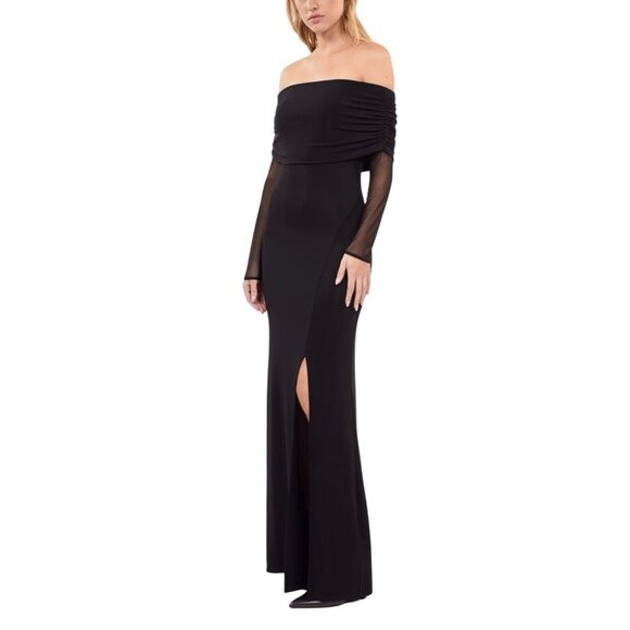 NWT The Kooples‎ Black Long Bardot Jersey Dress Tulle Sleeves Side Slit US 8 - Picture 3 of 13